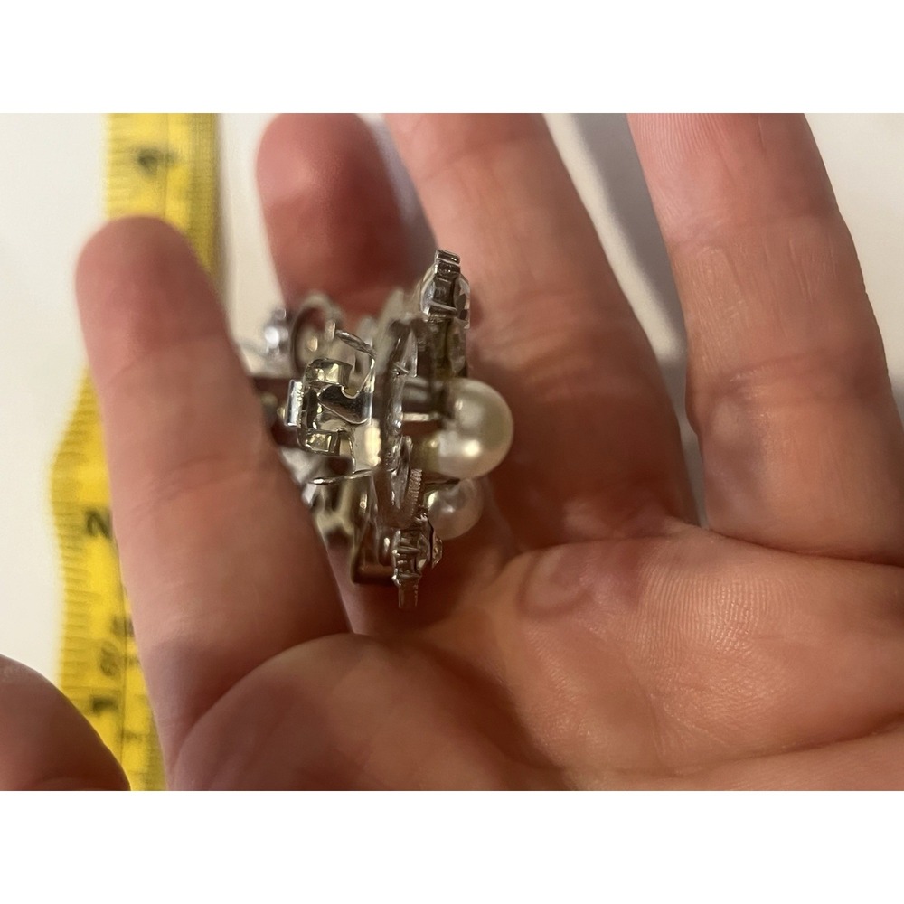 Vintage Simulated Pearl Clear Rhinestone Ornate Silver Tone Hair Barrette - Picture 4 of 9